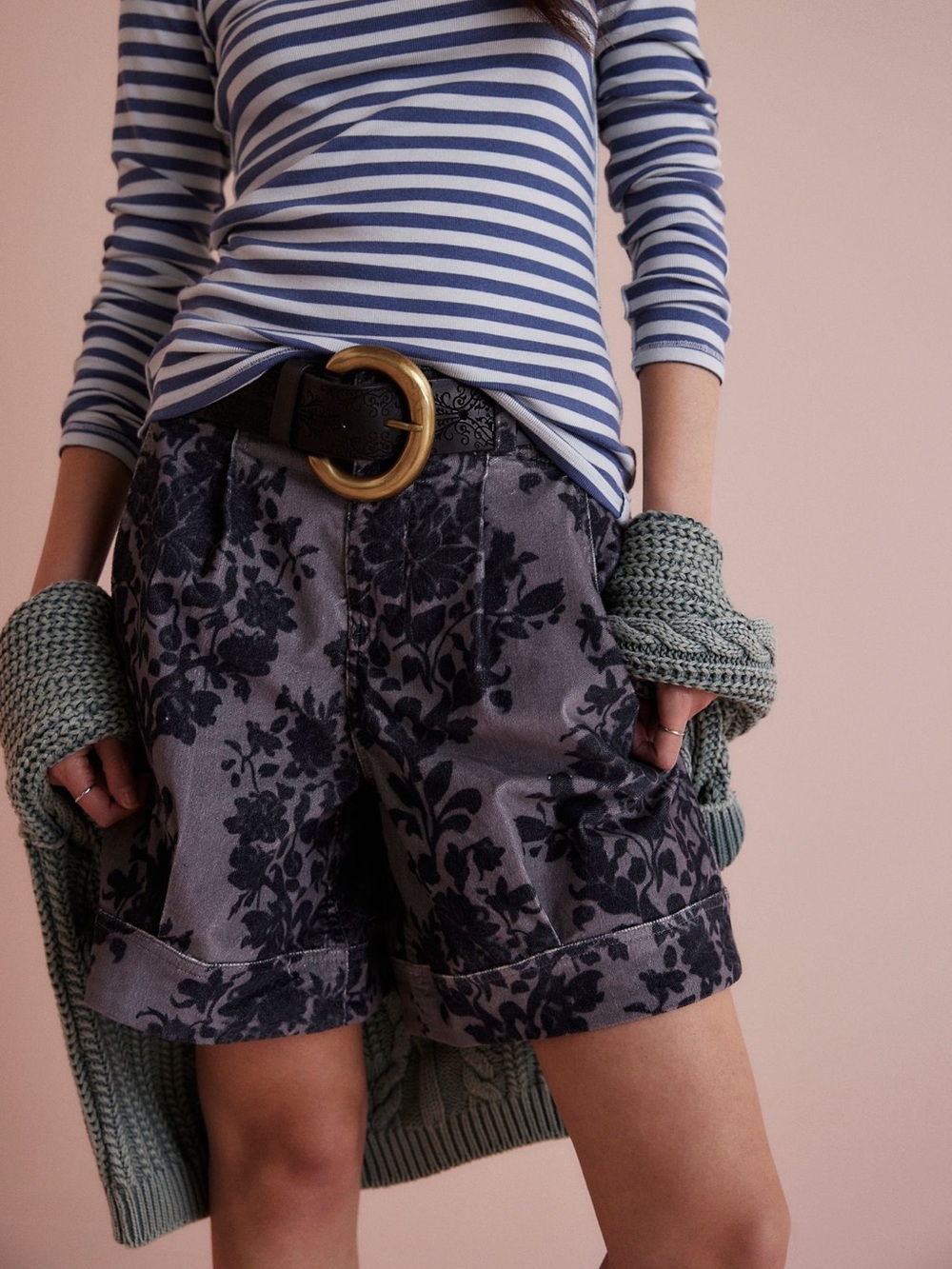 Free People Charcoal Floral Cuffed Bermuda Shorts